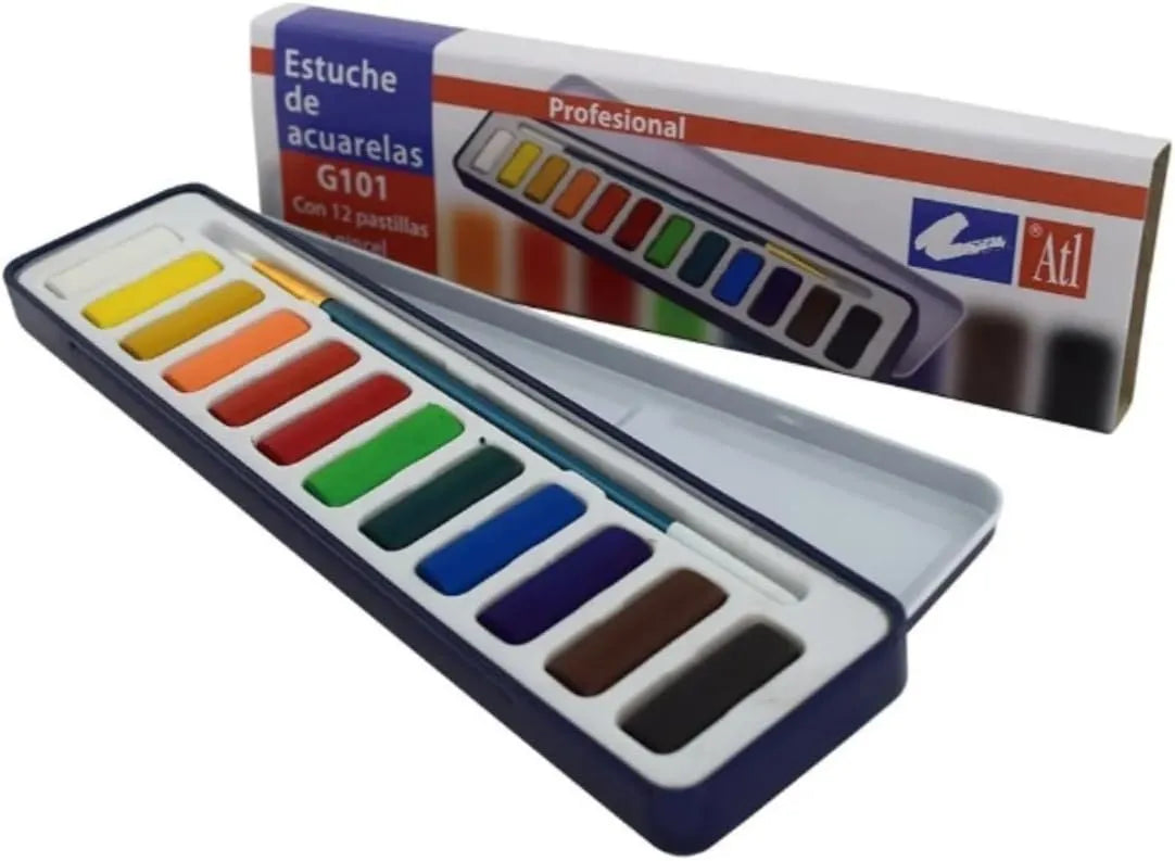 ACUARELAS SET 12 ATL GP101 PASTILLA PORTATIL COLORES BASICOS 1 PINCEL 20073