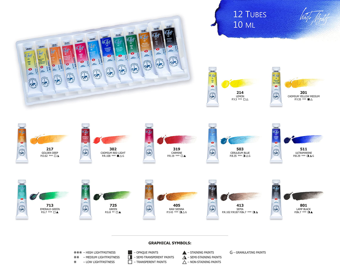 ACUARELAS WHITE NIGHT 12 TUBOS DE 10 ML EN CAJA DE CARTÓN 350010