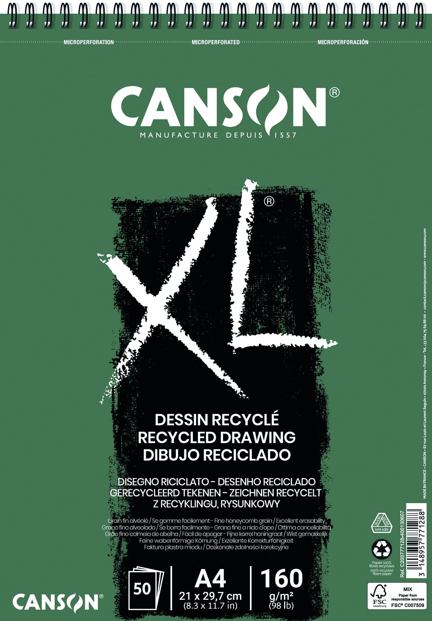 ALBUN CANSON DRAWING RECYCLE A4 21X29.7CM 160GRS 50H 62345