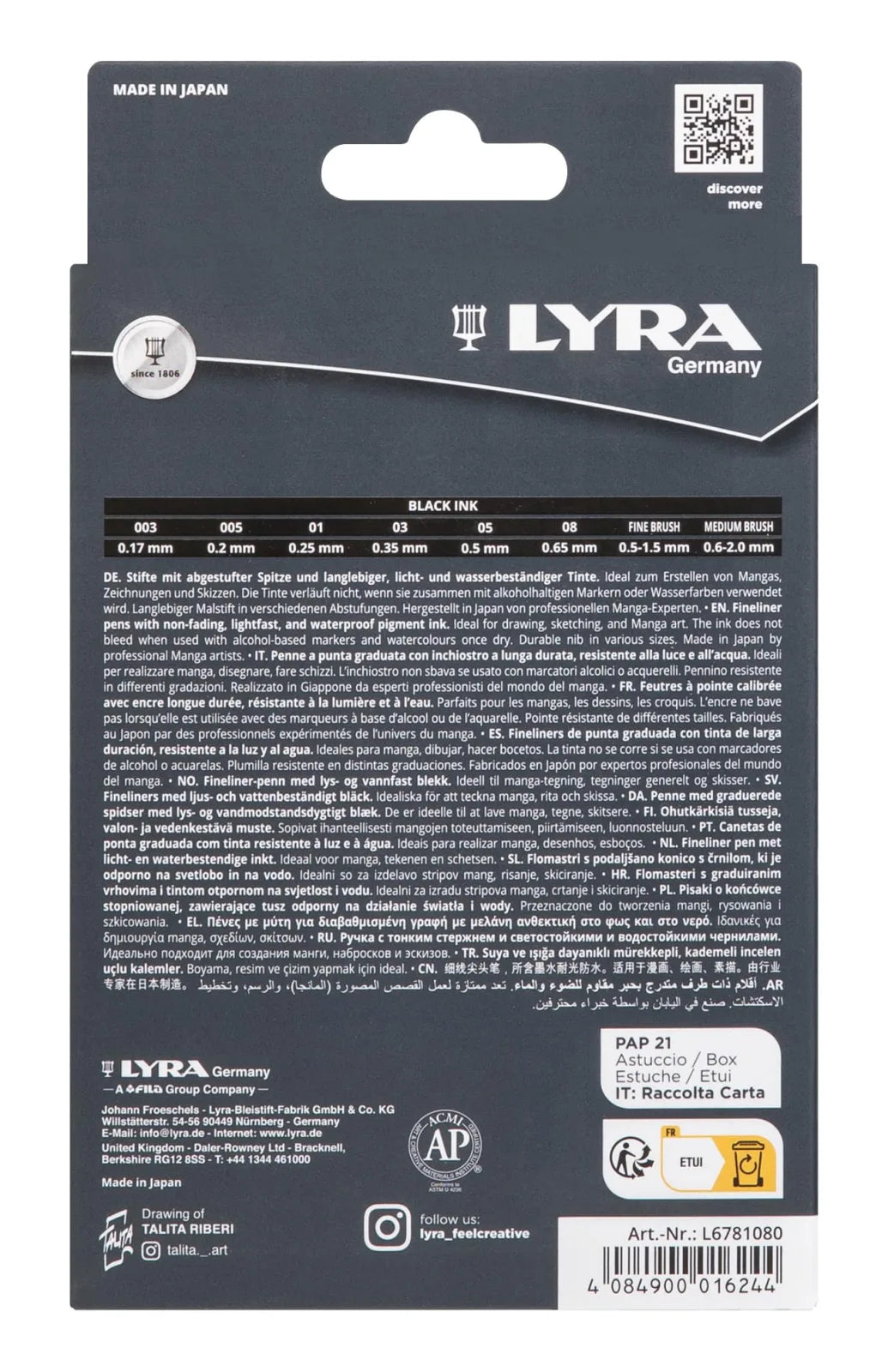 ESTILOGRAFOS LYRA GRADUATE MANGA X 8 TINTA NEGRA 76087