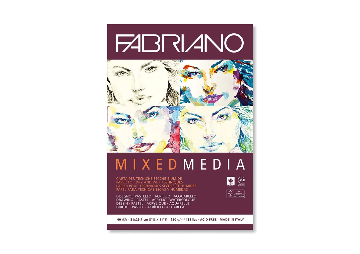 BLOCK FABRIANO MIXED MEDIA 40H 21X29.7CM G250 559381