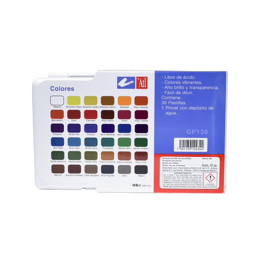 ACUARELA ATL PORTATIL CON 36 COLORES BASICOS  1 PINCEL GP136 30157