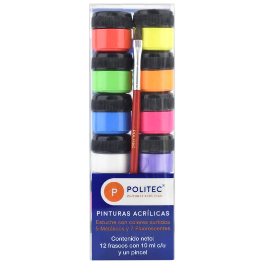 PINTURA POLITEC SURTIDO C12 FLUORESCENTES, NACARADOS Y METALICOS 10ML.  PINC. 22267