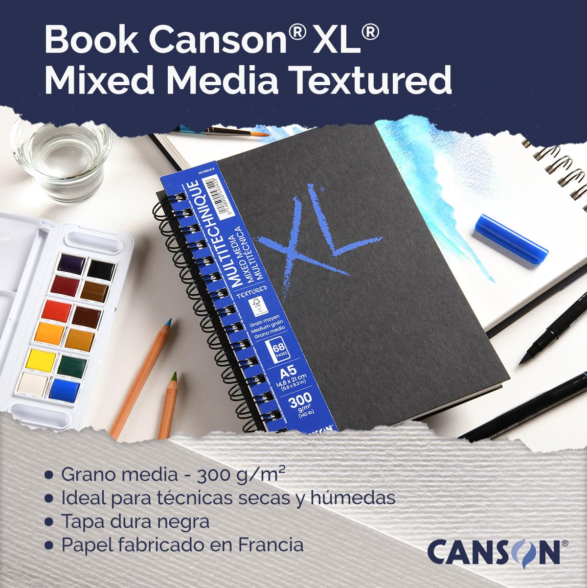 CUADERNO CANSON BOOK XL MIX MEDIA TEXTURED A4 21X29.7CM 300G 68HJ 73705