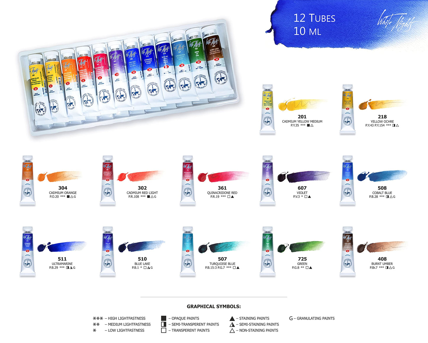 ACUARELAS WHITE NIGHT EDIC. IWS 12 TUBOS DE 10 ML EN CAJA DE CARTÓN 350011