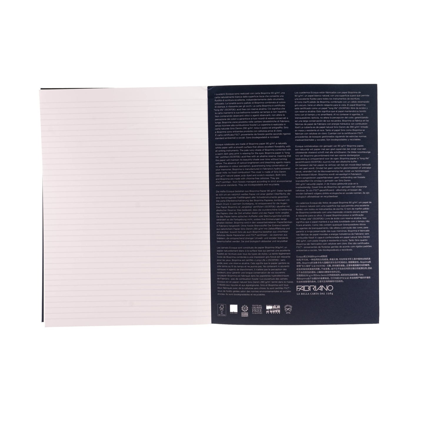 BLOCK FABRIANO ECOQUA PLUS GLUED A4 LINES DARK BLUE 90 HOJAS 90G 561504